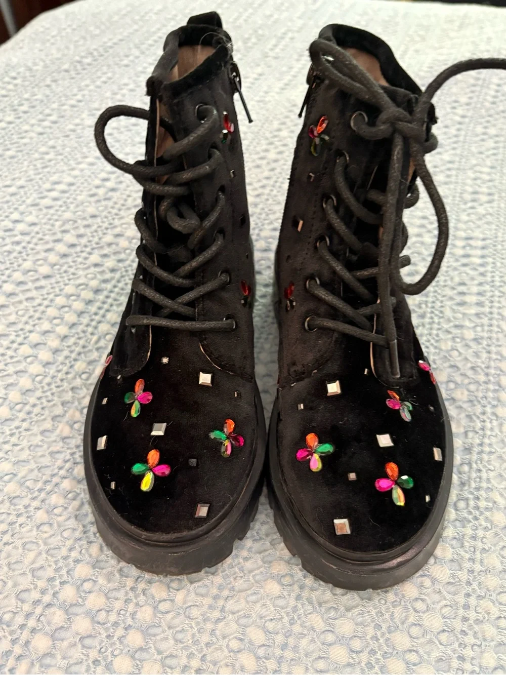 Betsey Johnson Kids Embry Black Velvet Easy On and Off Combat Boots Size 13 M